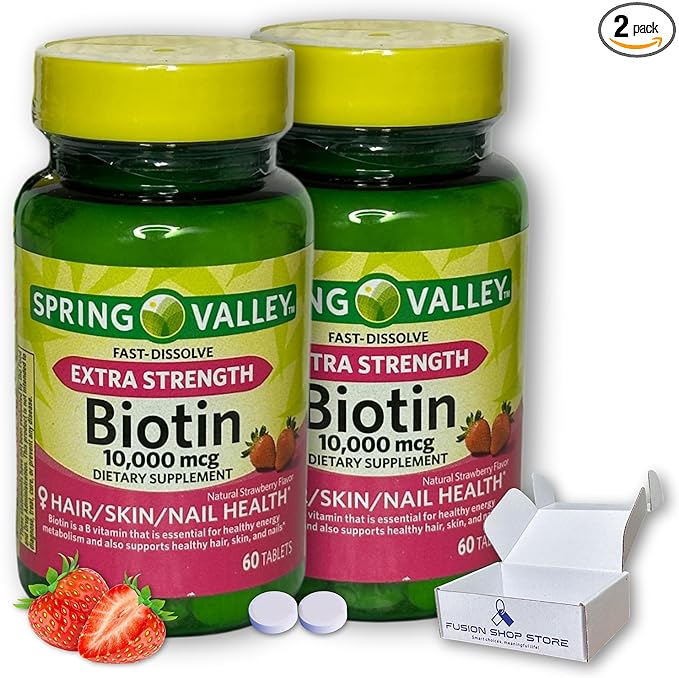 Biotin 10000mcg Fast Dissolve- Natural Strawberry Flavor Hair Skin and Nails 60 Tablets (Pack of 2) Boxed By Fusion Shop Store