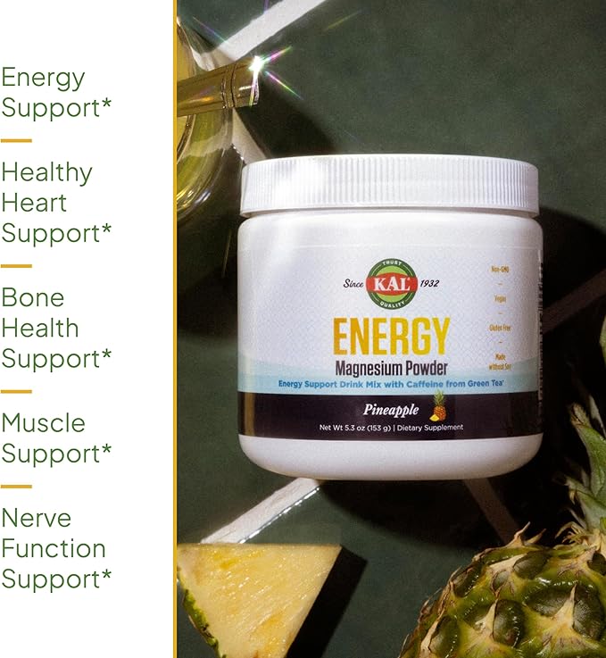 KAL Energy Magnesium Powder Drink Pineapple Flavor Magnesium Citrate Powder Energy Support with Green Tea Caffeine Sugar Free 40 Servings