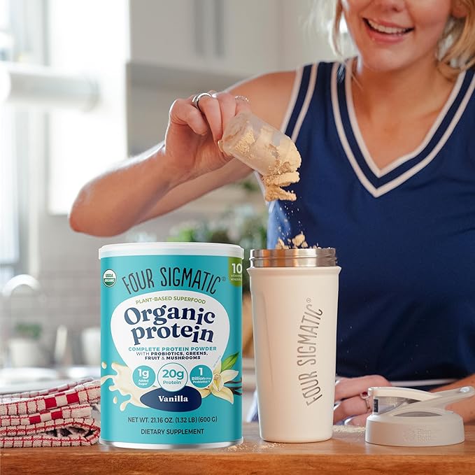 Four Sigmatic Organic Vegan Protein Powder | 18g Plant-Based Protein per Serving | Gluten Free Dairy Free Soy Free Non-GMO with No Filler Ingredients | 21.16oz 15 Servings | Vanilla