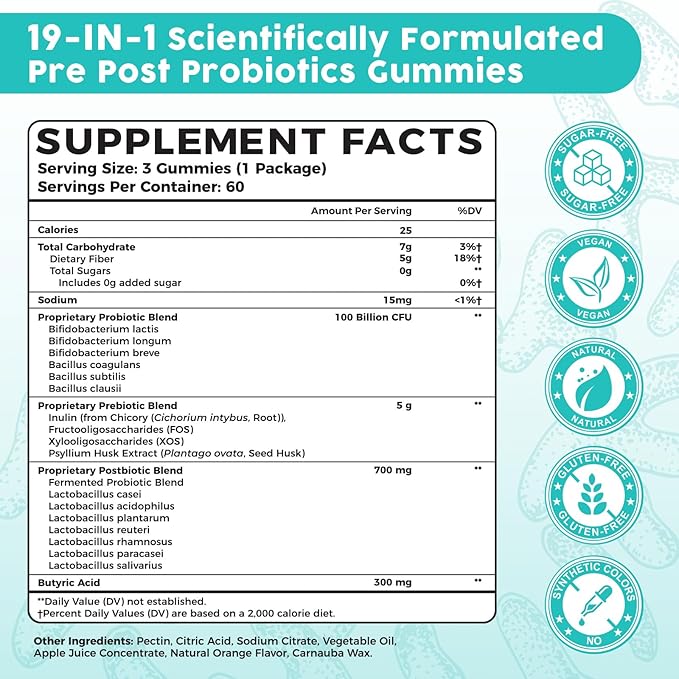 (180 Count) Probiotic Gummies 19 in 1 Prebiotics Postbiotic Probiotic Gummies 100 Billion CFU Probiotics for Women Men Complete Immune Gut &amp Digestive Support* Sugar Free Vegan