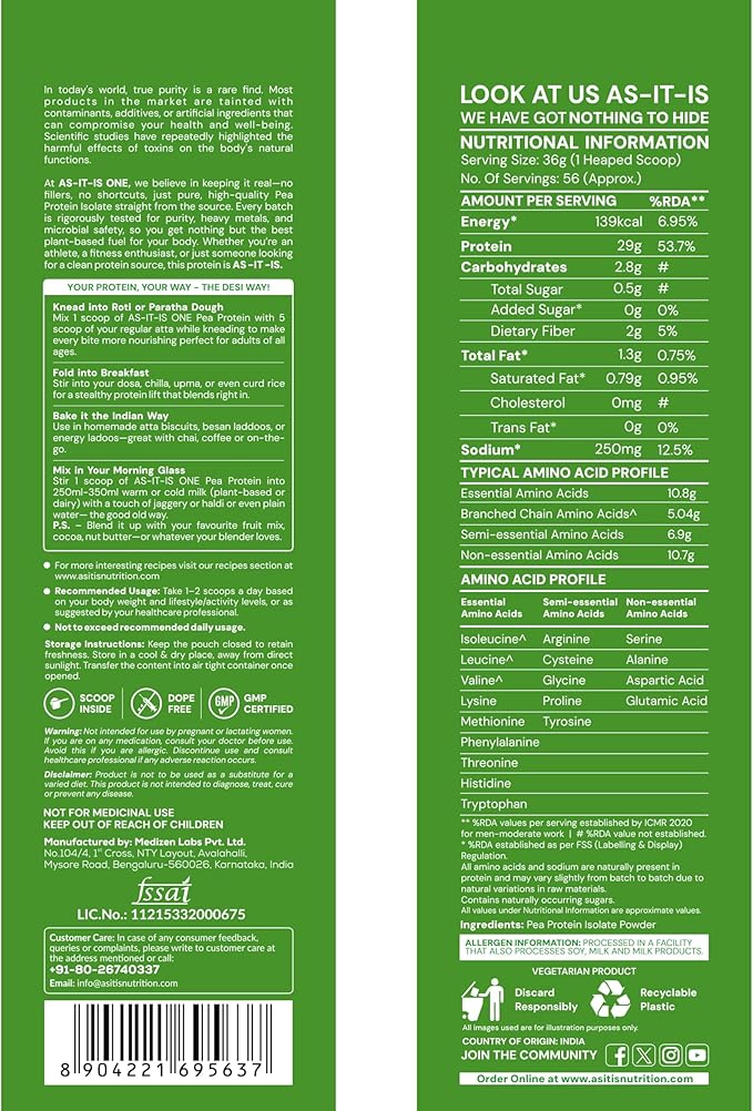 AS-IT-IS Nutrition Pea Protein Isolate | Designed for Meal Supplementation | Easy to Digest - Vegan &amp Gluten-free Cross-flow Microfiltered Soy-free (2000 Gms/70.5 Oz)