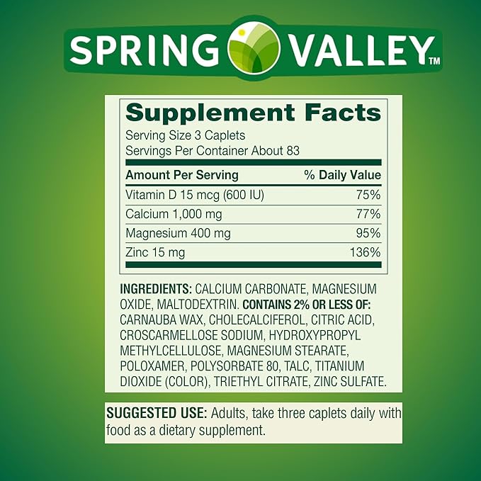 Calcium Magnesium Zinc Plus Vitamin D3 Dietary Supplement 250 Count (Pack of 1)