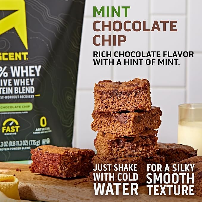 Ascent 100% Whey Protein Powder - Post Workout Whey Protein Isolate Zero Artificial Flavors &amp Sweeteners Gluten Free 5.5g BCAA 2.6g Leucine Military Exclusive Mint Chocolate Chip 1.7 lb