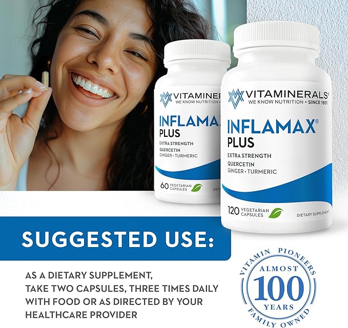 Vitaminerals® 121+ Inflamax® Plus | Discomfort Support Management | Quercetin | Proteolytic Enzymes | Ginger | Turmeric | Veggie caps (60)