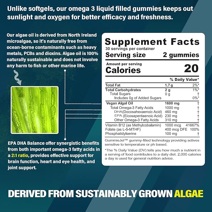 Vegan Omega 3 Gummies 1000mg + Sugar Free Nicotinamide 500mg Gummies