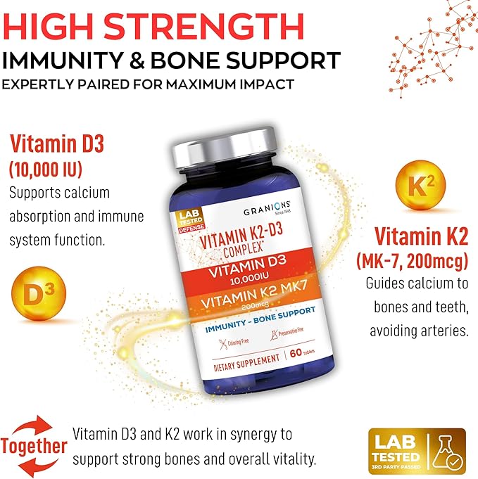 Max Strength D3 K2 Vitamin 10000IU MK7 Complex - 250mcg MK-7 Vitamin K2 D3 Supplement - Coloring Preservative Free Immune Support Bone Health Supplements VIT D K - 2 Month 60 One-a-Day Tablets