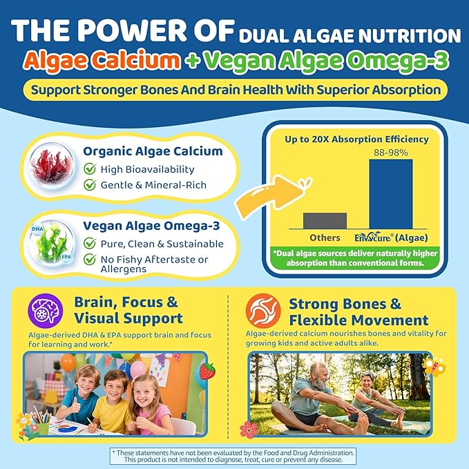 Sea Moss + Elderberry Gummies for Kids &amp Adults 19-IN-1 Super Food with Spirulina Algae Omega 3 Algae Calcium Ashwagandha Mushroom Vitamins D3 C for Immune Gut Bone Energy BrainVegan 6
