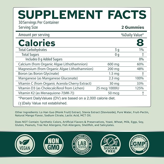 (2 Pack) Calcium Gummies for Women Sugar Free Calcium Supplement from Sustainable Algae (3rd Party Tested) with Vitamin D3 K2 C Zinc Boron Manganese for Bone Strength Calcium Absoption Vegan