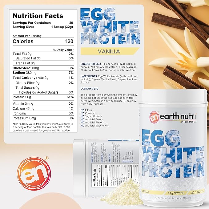 EarthNutri - Egg White Protein Powder Supplement for Pre Intra or Post Workout 26g of Protein Per Serving Supports Muscle Strength &amp Recovery No Artificial Additives - Vanilla 20 Servings (640