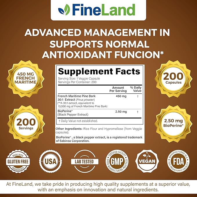 FineLand French Maritime Pine Bark 30:1 Extract Max Strength 450 mg Per Capsule Antioxidant 200 Veggie Caps of Pine Bark Supplement for 200 Days 100% Natural