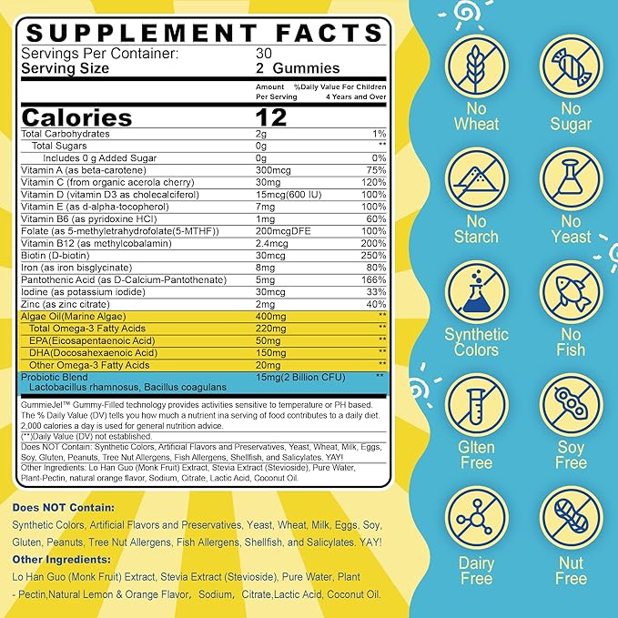 (2 Pack) Kids Multivitamin Gummies with Iron Sugar Free Kids Daily Vitamins + Probiotics Algae Omega 3 (EPA/DHA) A C D Methyl B12 Folate B6 Zinc Biotin for Healthy Growth Immune Support