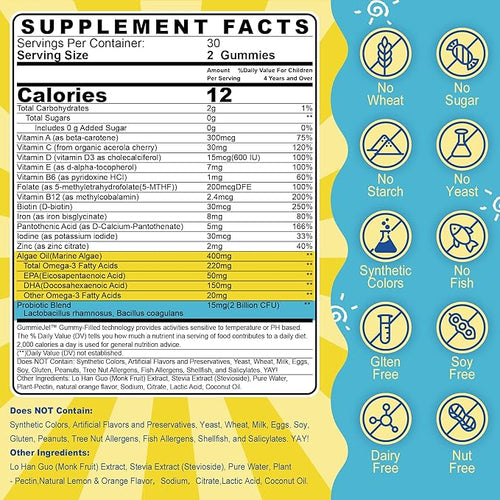 (2 Pack) Kids Multivitamin Gummies with Iron Sugar Free Kids Daily Vitamins + Probiotics Algae Omega 3 (EPA/DHA) A C D Methyl B12 Folate B6 Zinc Biotin for Healthy Growth Immune Support
