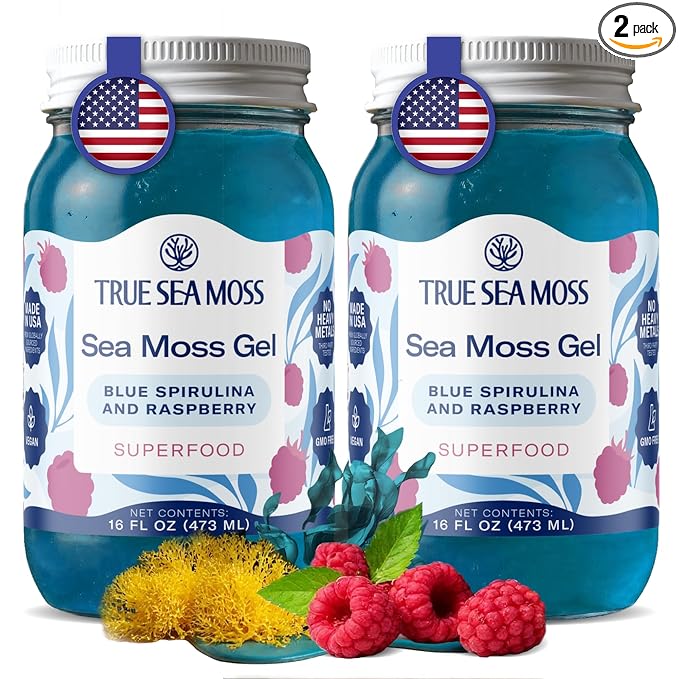 TrueSeaMoss Sea Moss Gel – Made in USA – Wildcrafted Seamoss Fruits &amp Jarred Vegetables – Blue Spirulina Pack of 2 (Labels may Vary)