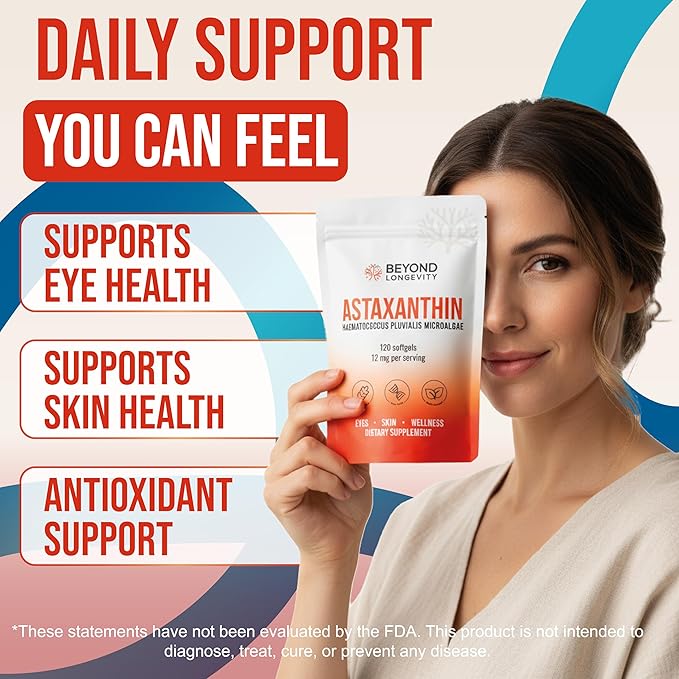 Astaxanthin 12mg Supplement - 120 Softgels Fresh Microalgae Source Non-GMO &amp Gluten-Free Antioxidant Eye Skin and Wellness Support