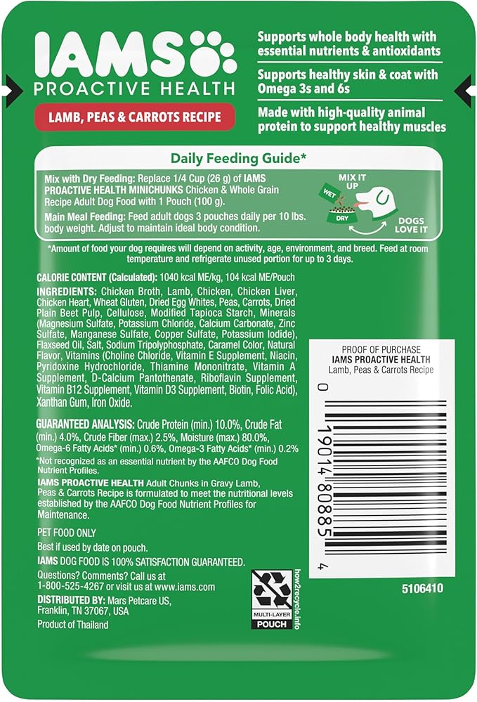 IAMS Proactive Health Adult Wet Dog Food Lamb Peas and Carrots Recipe 3.5 oz. Pouch (16 Count Pack of 1)