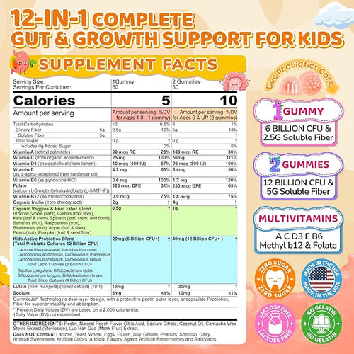 2Pack Kids Probiotic + Prebiotic Fiber Gummies 5G 12 Billion CFU Probiotic &amp Veggie Fruit Fiber w/ Organic Inulin Methyl B12 B6 D3 C Lutein for Children's Digestive &amp Gut Immune HealthSu