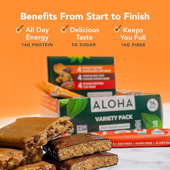 ALOHA Organic Plant Based Protein Bars - 3 Flavor Variety Pack - 12 Count 1.98oz Bars - Vegan Snacks Low Sugar Gluten-Free Low Carb Paleo Non-GMO Stevia-Free No Sugar Alcohol Sweeteners