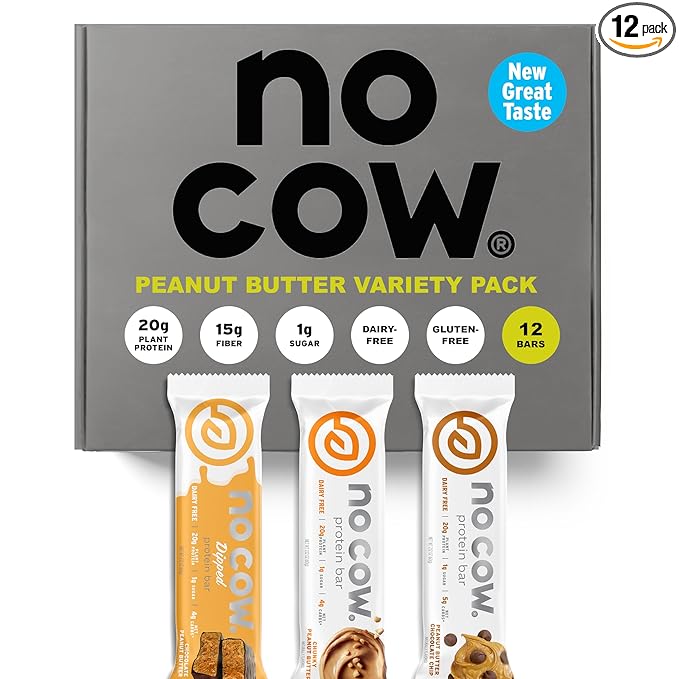 No Cow Vegan Protein Bars Upgraded Peanut Butter Variety Pack | 20g Plant Based Protein Gluten Free Dairy Free Soy Free Keto Friendly Low Sugar High Fiber Snack Bars | Pack of 12