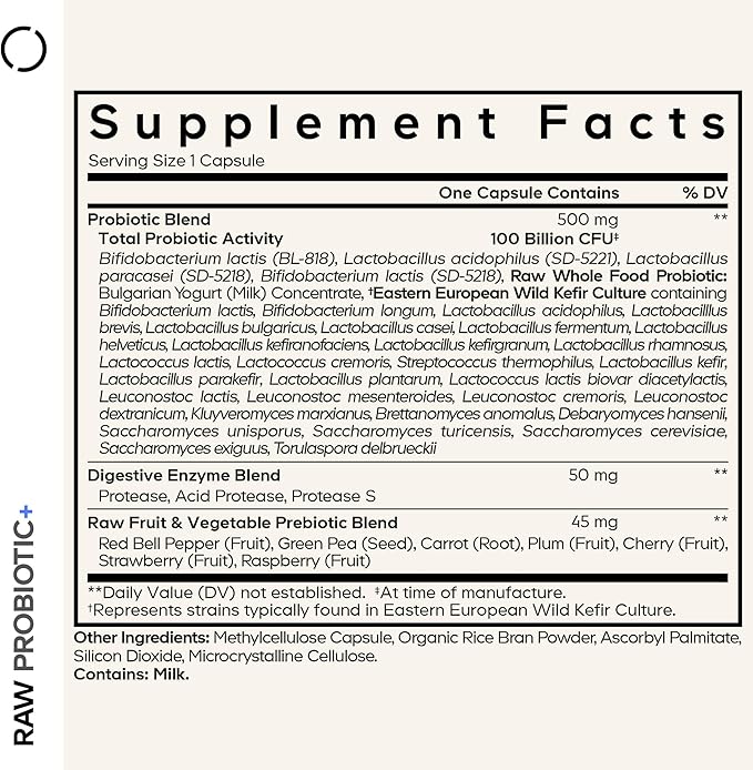 Codeage Raw Probiotic+ Supplement - 34 Probiotic Strains 100 Billion CFUs Raw Whole Food Probiotics Digestive Enzymes Raw Fruits &amp Veggies Prebiotics - Wild Kefir Culture - Non-GMO - 30 Capsul