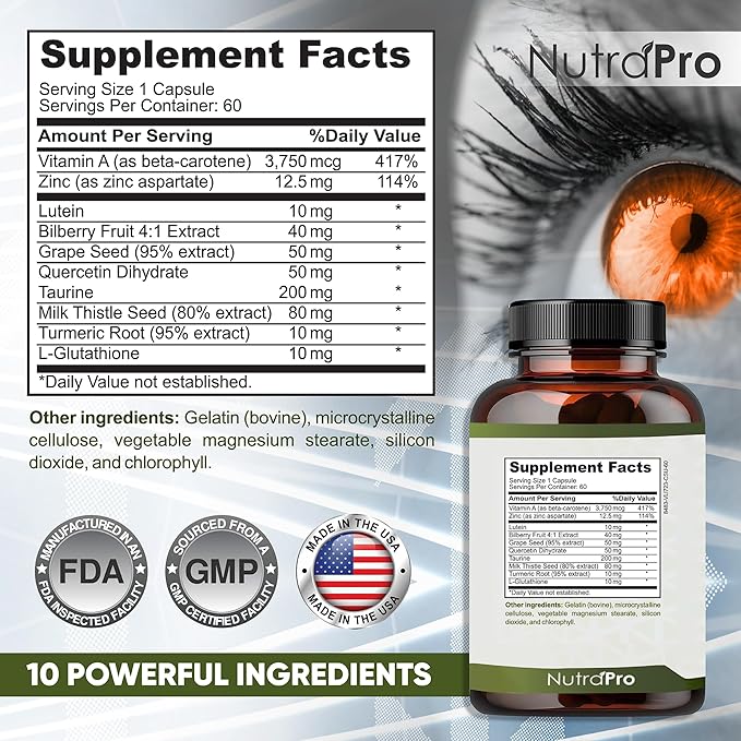 Vision Support - Best Eye Vitamins For Blurry Vision.Eye Supplements For Adults with Lutein For Macular Health Eye Vision Eye Strain and Fatigue.With Zinc and Vitamin A to Support Sharp Vision.