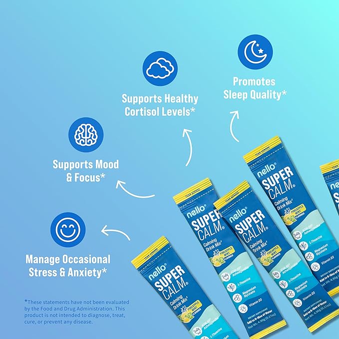 Nello Supercalm Powdered Drink Mix Cortisol Reducer* and Sleep Aid Supplement L Theanine Ksm-66 Ashwagandha Magnesium Glycinate Vitamin D 3 No Sugar Non GMO On The Go 20 Ct Pineapple Mint