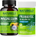 NATURELO Probiotics for Digestive Health - 60 Vegetarian Capsules and Magnesium Glycinate Chelate Complex - 120 Capsules Bundle