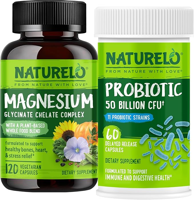 NATURELO Probiotics for Digestive Health - 60 Vegetarian Capsules and Magnesium Glycinate Chelate Complex - 120 Capsules Bundle
