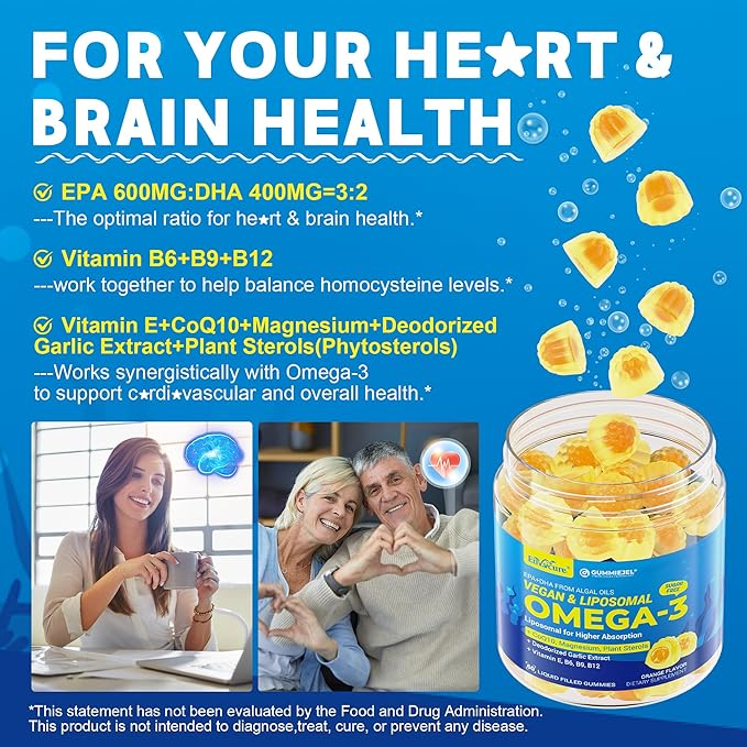 Vegan Omega-3 Gummies 1000mg +CoQ10+Magnesium- EPA 600mg &amp DHA 400mg Fish Oil Omega 3 Supplements Alternative for Women Men Adults- Liposomal Form -Algae- Plant Sterols GarlicB6B9 B12 Sugar