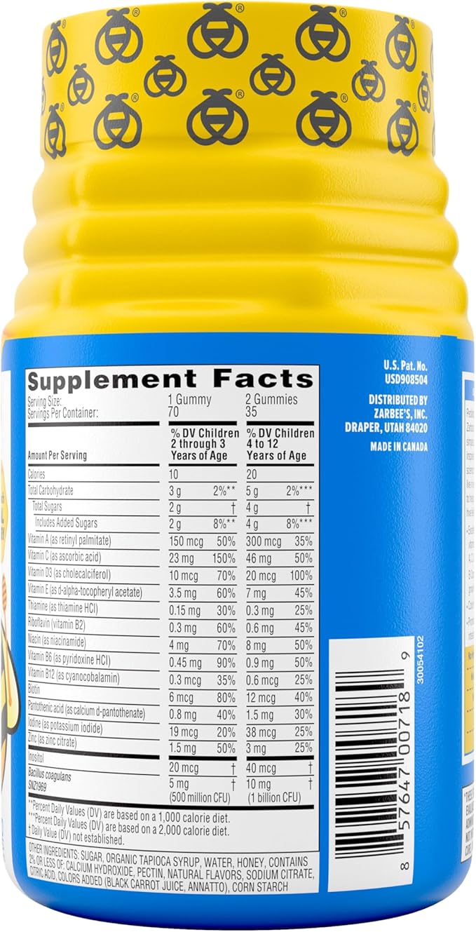 Zarbee's Kid's Complete Multivitamin + Probiotic Gummies with Vitamins A B C D E &amp zinc for Digestive Health Easy to Chew Kids Daily Multivitamin Gummies Natural Fruit70 Count (Pack of 2)
