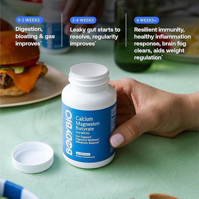 BodyBio Butyrate - Postbiotic for Gut Health Digestive Support Bloat Gas &amp Constipation Relief Leaky Gut Repair - Calcium Magnesium + Butyric Acid Supplement for GI Wellness