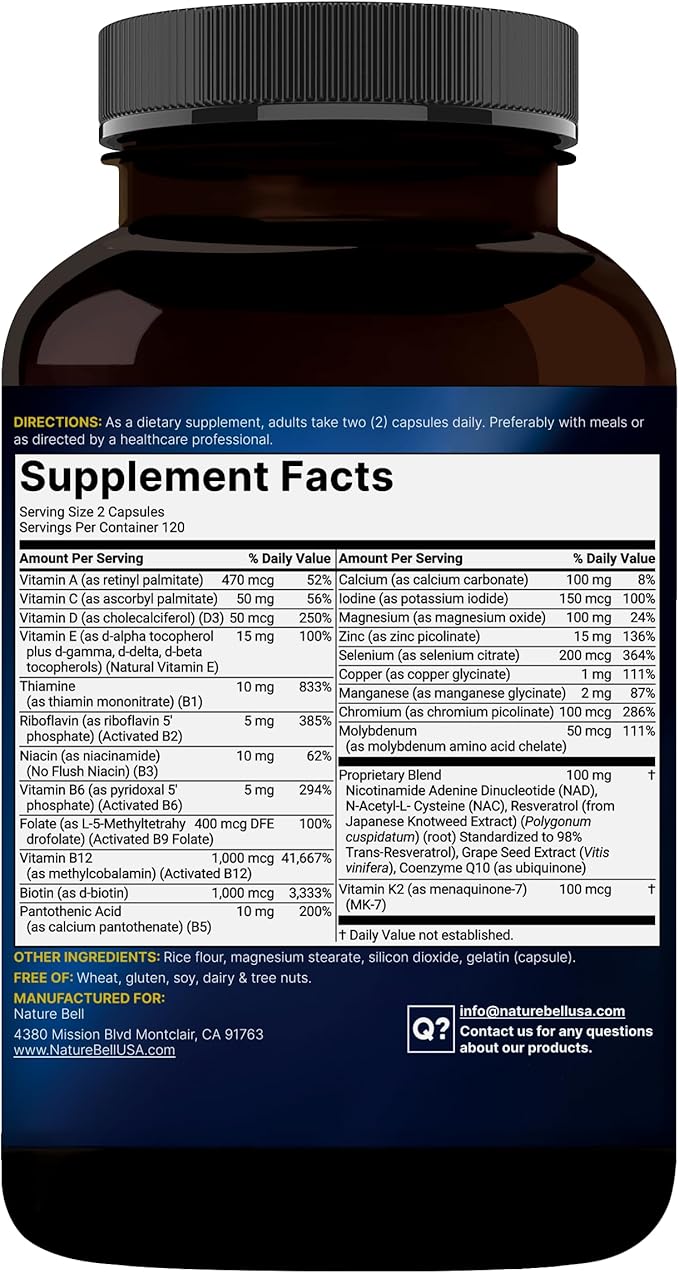 Methylated Multivitamin for Men and Women 240 Capsules | 27-in-1 Formula with Vitamins B Complex C D3 K2 NAD NAC CoQ10 Resveratrol Magnesium Zinc &amp More | Daily Essential Vitamins