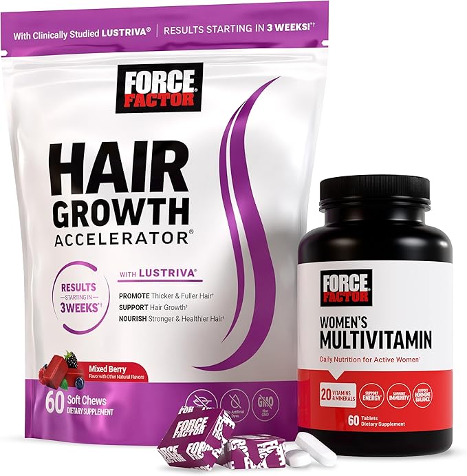 Force Factor Hair Growth Accelerator Soft Chews Lustriva &amp Biotin to Promote Thicker Stronger Fuller Hair Hair Growth Vitamins for Women Clinically Studied + Women's Multivitamin with Iron 6