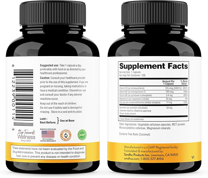 Sandhu's Elderberry &amp Vitamin D3 K2 with Quercetin Capsules (120 Count Each) | Supports Immune Muscle Health &amp Energy