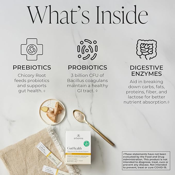 Arbonne Gut Health Digestion Support - Microbiome Prebiotic and Probiotic Drink Mix Probiotic Powder and Prebiotic Powder with Enzymes for a Healthy Gut