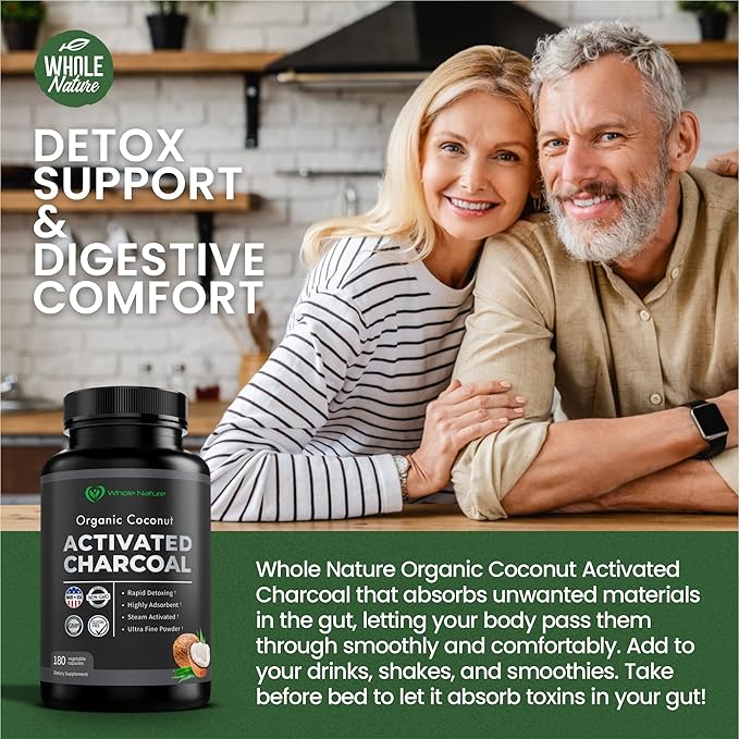 Pure Coconut Activated Charcoal Capsules - 180 Charcoal Pills Helps with Teeth Whitening Bloating and Body Cleansing. Non-GMO - Gluten Free Vegan