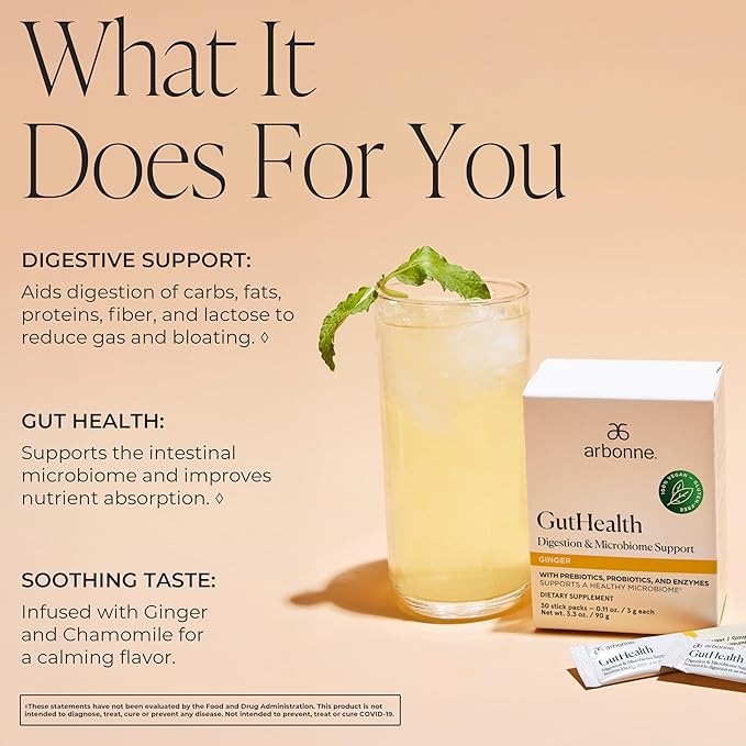 Arbonne Gut Health Digestion Support - Microbiome Prebiotic and Probiotic Drink Mix Probiotic Powder and Prebiotic Powder with Enzymes for a Healthy Gut