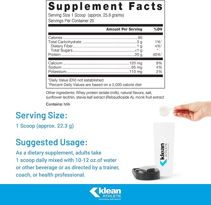 Klean Athlete Klean Isolate - Whey Protein Isolate - Daily Protein &amp Amino Acid - Intake for Muscle Integrity* - NSF Certified for Sport - 20 Servings - Natural Vanilla Flavor
