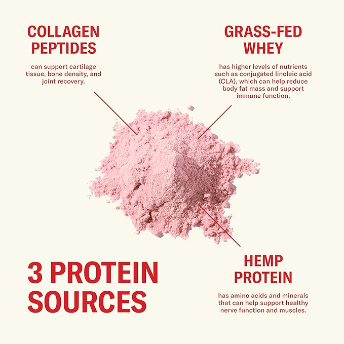 Ballerina Farm Grass Fed Whey Protein Powder Vanilla Bean + Strawberry Crème 24g Protein with Collagen Peptides Bovine Colostrum Hemp Hearts &amp Prebiotic Fiber No Added Sugar 40 Servings Tota