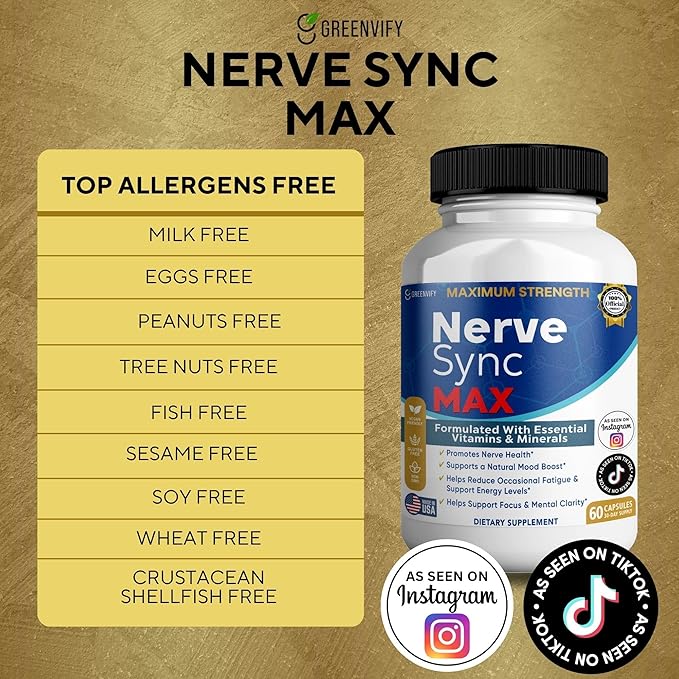 Nerve Sync MAX Supplement 60 Capsules Vegan Friendly with Essential Vitamins &amp Minerals for Nerve Health. (2)