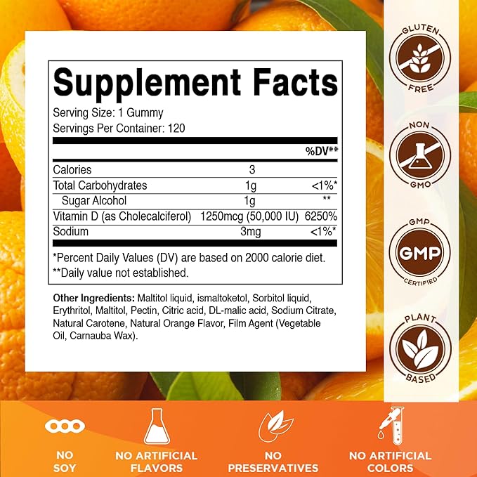 Vitamatic Sugar Free Vitamin D3 50000 IU Weekly Supplement - 120 Pectin Based Gummies - Vitamin D Capsules for Bones Teeth and Immune Support (50000 IU) - 2 Pack