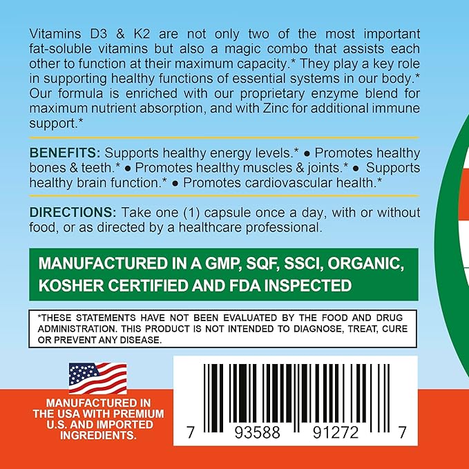 Life Infused Vitamin D3 + K2 Supplement with Zinc &amp Enzymes — 3000 IU D3 MK-7 K2 Immune &amp Bone Support Enhanced Absorption Non-GMO Vegan Capsules 90 Count
