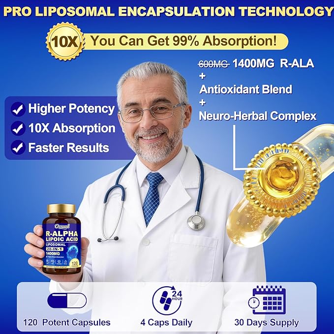 1400MG R Alpha Lipoic Acid 28-in-1 Stabilized ALA Supplements Neuropathy Supplements with L-Carnitine NAC &amp B-Complex R-ALA Supplement Antioxidant for Nerve Brain Energy丨Vegan 120 Capsules