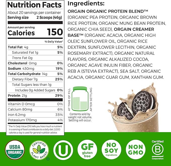 Orgain Organic Vegan Protein Powder Cookies &amp Cream - 21g Plant Based Protein 7g Prebiotic Fiber Low Net Carb No Lactose Ingredients No Added Sugar Non-GMO For Shakes &amp Smoothies 2.03