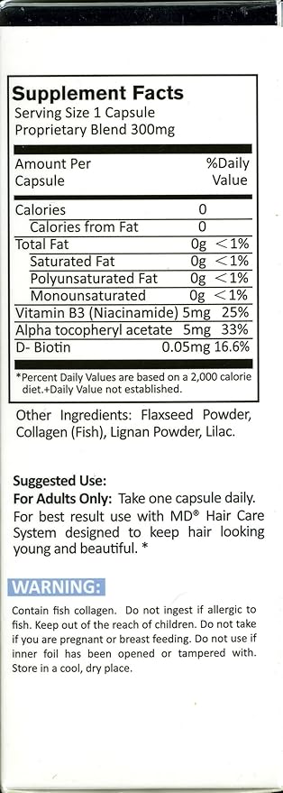 MD Nutri Hair Growth Supplement – Physician Formulated with Lilac Stem Cells Marine Collagen &amp Biotin – Supports Thicker Fuller Hair &amp Reduces Shedding – 30 Drug-Free Vegetable Capsules