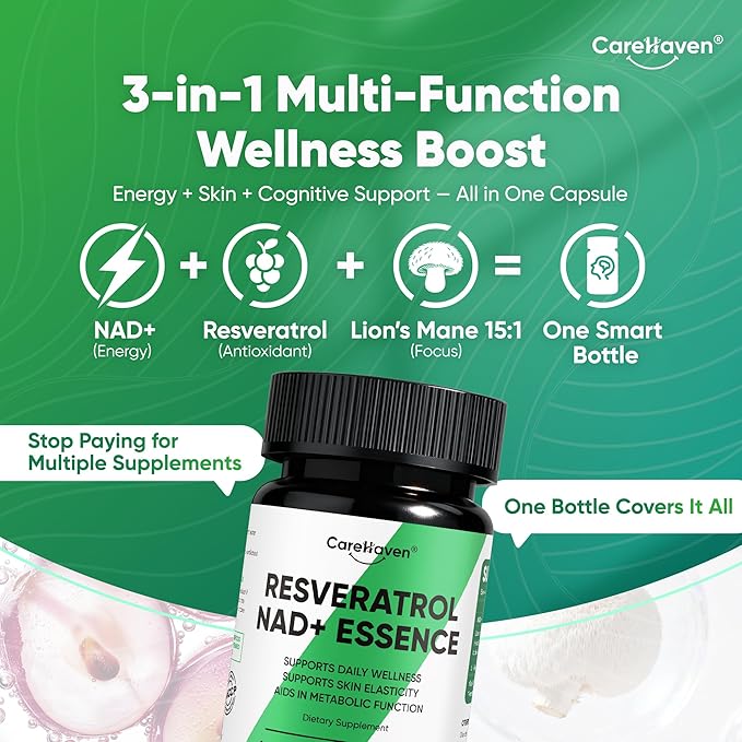NAD+ Resveratrol Essence Capsules - 5mg NAD+ &amp Lion's Mane Mushroom - Supports Healthy Cell Function &amp Daily Wellness - 60 Active Dietary Capsules (3PCS)
