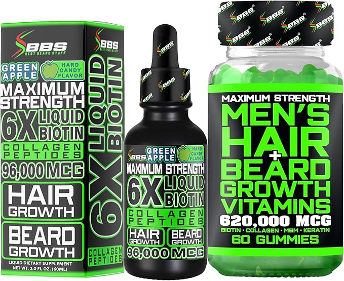 Beard Growth Kit w/ 6X Liquid BIOTIN Supplement with Collagen Peptides + 620000mcg 14-in-1 BIOTIN Gummies/Beard Growth Vitamins &amp Hair Growth Vitamins for Men - Formulated in America