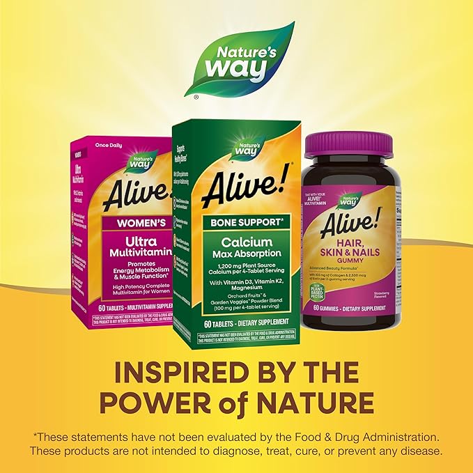 Nature’s Way Alive! Calcium Bone Support Tablets* Max Absorption Calcium Supplement with Vitamins D3 K2 &amp Magnesium Promotes Bone Health and Bone Density* Gluten Free 60 Tablets