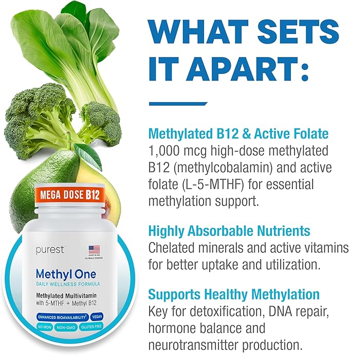 Purest® Methylated Multivitamin for Men &amp Women | Methylated B12 1000mcg Biotin B Complex with 600mcg Vitamin D Vitamin C E A Methylfolate | Daily Methylate Multivitamin for Energy &amp Wel