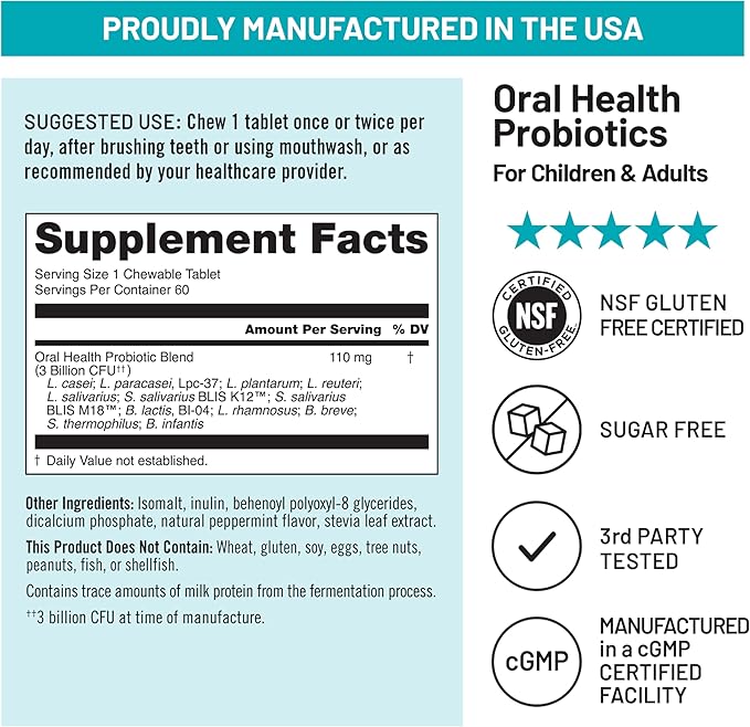 NatureWise Oral Probiotics for Mouth Bad Breath-Chewable Sugar-Free Mint-Lactobacillus reuteri Chewable-Oral Probiotics for Kids&ampAdults-Non-GMO USA Manufactured-[60-Day Supply]60 Count (Pack of 2