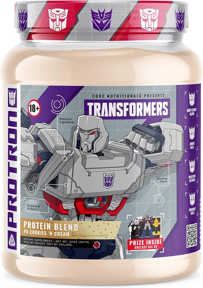 Core Nutritionals Transformers Protron Protein | Whey + Casein Blend | MCTs &amp Digestive Enzymes | 25g Protein | Free Prize Inside - Megatron | 2 Pound (PB Cookie 'N Cream)